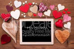 One Chalkbord, Many Red Hearts, Glueckwunsch Means Congratulatio