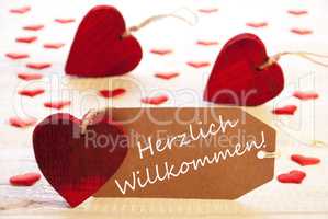 Label With Many Red Heart, Herzlich Willkommen Means Welcome