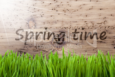 Bright Sunny Wooden Background, Gras, Text Springtime