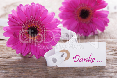 Pink Spring Gerbera, Label, Danke Means Thank You