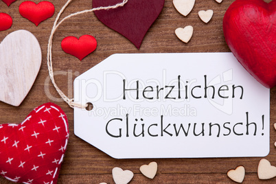 Label, Red Hearts, Flat Lay, Herzlichen Glueckwunsch Means Congratulations