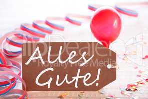 Party Label With Streamer, Balloon, Alles Gute Means Best Wishes