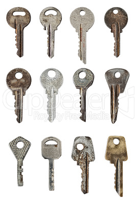 set of old door keys isolated on white background