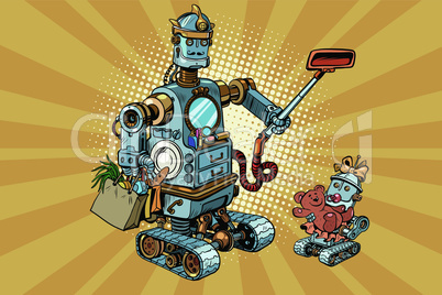 Family retro robots dad and baby