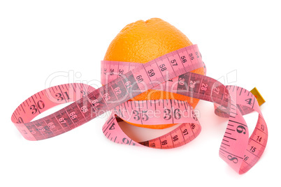 Orange and measuring tape isolated on white background