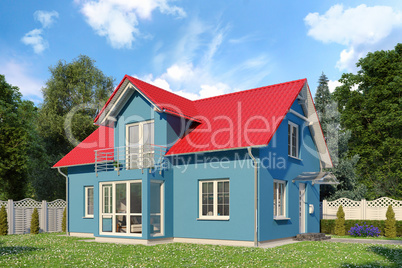 3d - blue single family house - summer - day