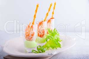 Shrimp with avocado yogurt  in a glass