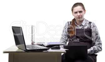 Frowned pregnant woman and laptop