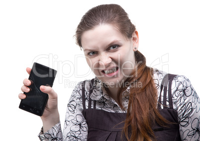 Angry woman with cracked smartphone