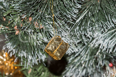 Present for the New Year's branch. Golden Christmas decorations. Close-up.