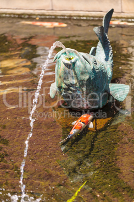 Relaxing zen fountain in a koi pond