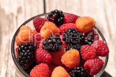 Organic golden and red raspberries mixed with blackberries