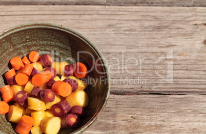 Chopped colorful red, yellow and orange organic carrots