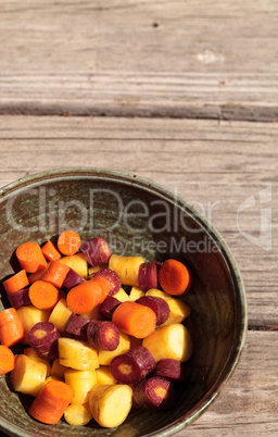 Chopped colorful red, yellow and orange organic carrots