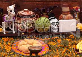 Flower and skeleton alter at Dia de los Muertos