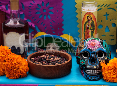 Flower and skeleton alter at Dia de los Muertos