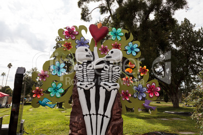 Flower and skeleton alter at Dia de los Muertos