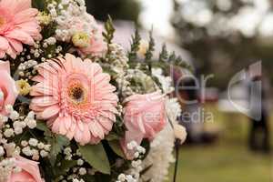 Bouquet of pink roses and pink gerbera daisies