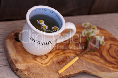 Chamomile tea with chamomile daisy flowers