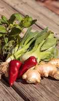 Organic red jalapeno pepper, green Chinese bok choy, green onion and ginger