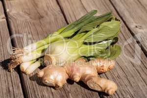 Organic green Chinese bok choy, green onion and ginger