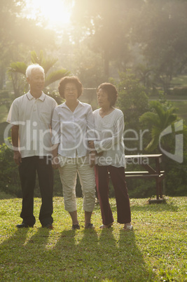Group of Asian seniors walking at outdoor park
