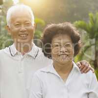 Loving Asian seniors couple outdoors