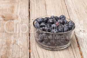 Clear glass bowl of ripe blueberries