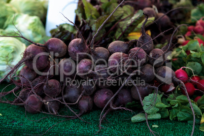 Red beets, and white and red radishes at an organic farmer?s m