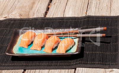 salmon sushi on white rice