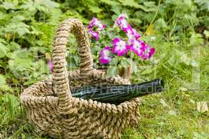 Stillleben mit Weinflasche im Garten, still life with wine bottl