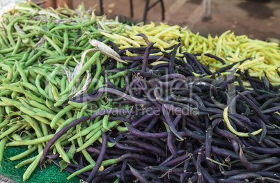 Dark yellow, purple and green beans