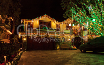 Colorful holiday lights on a home