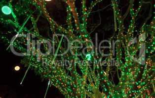 Background of colorful holiday green and white lights