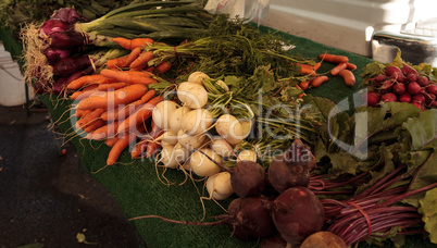 Yellow beets, orange carrots and red onions