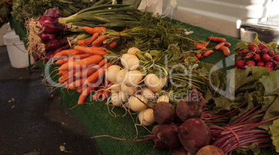 Yellow beets, orange carrots and red onions