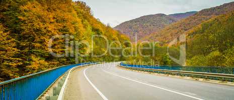 Road and autumn forest and mountains