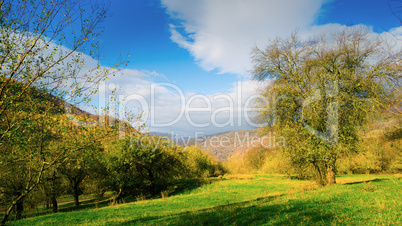 Autumn mountain and garden panorama