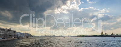 Panoramic landscape of Neva river in cloudy day in Saint-Petersb