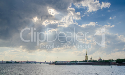 Landscape of Neva river in cloudy day in Saint-Petersburg, Russi