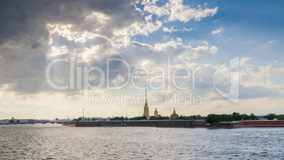 Landscape of Neva river in cloudy day in Saint-Petersburg, Russi