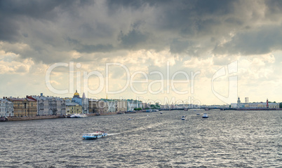 Landscape of Neva river in cloudy day in Saint-Petersburg, Russi