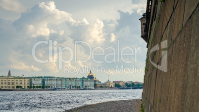 Landscape of Neva river in cloudy day in Saint-Petersburg, Russi