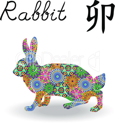Chinese Zodiac Sign Rabbit with color geometric flowers