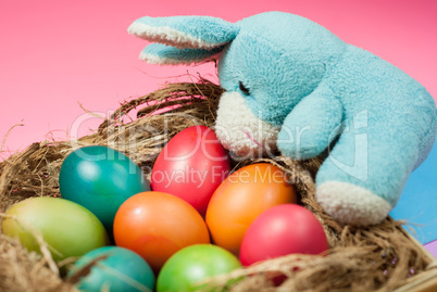 Photos decorating Easter bunny and colorful Easter eggs