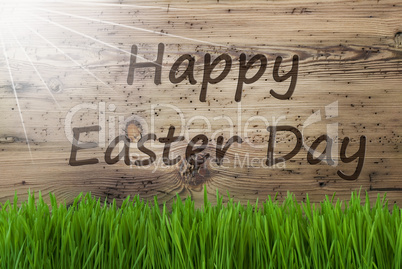 Sunny Wooden Background, Gras, Text Happy Easter Day