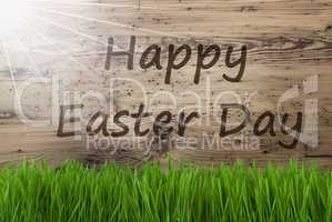 Sunny Wooden Background, Gras, Text Happy Easter Day