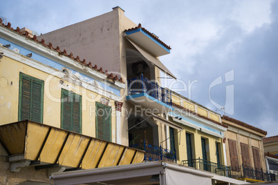 Balcony and shutters of old building, Greece.