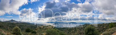 Landscape of mountains and sea on Aegina island, Greece.