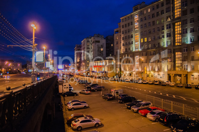 Moscow landscape with night outdoor parking, Russia